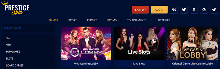 prestige spin live casino games